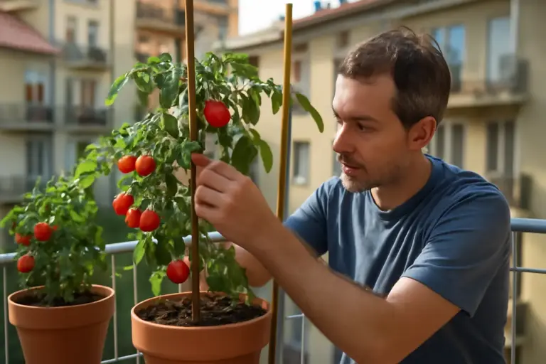 Coltivare pomodori in vaso sul balcone: la tecnica di tutoraggio che sostiene la crescita in verticale